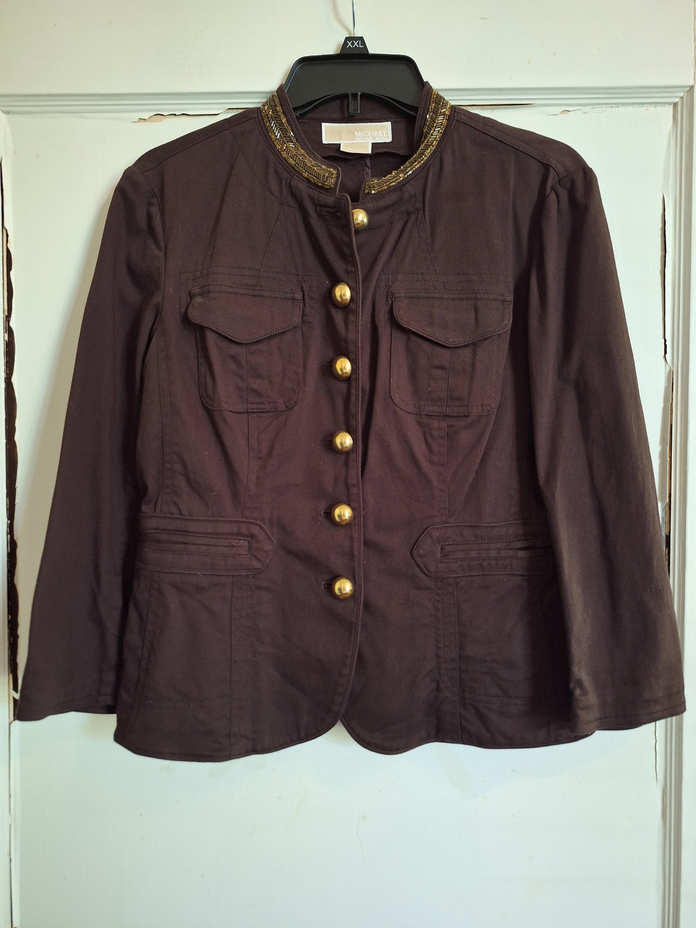 MICHAEL Michael Kors Dark Brown Military-Style Jacket with Gold Buttons
